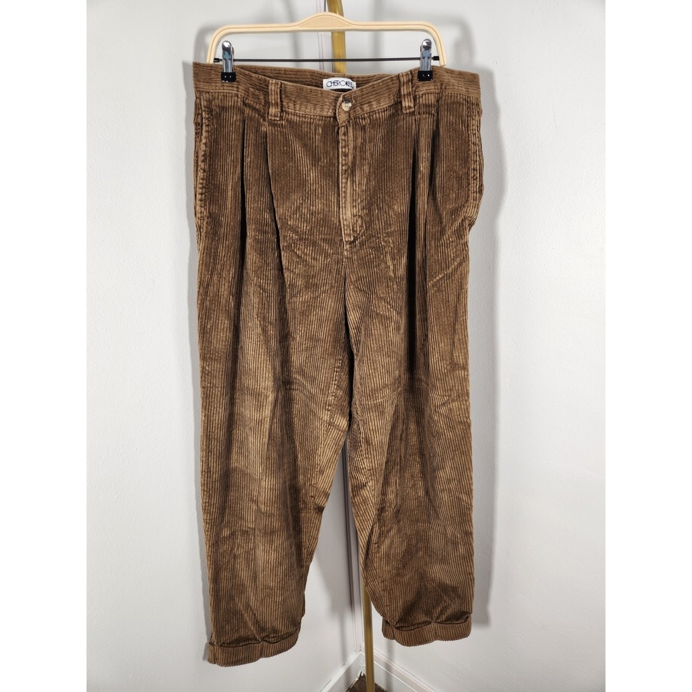 Vintage 80s Cherokee Mens Brown Corduroy Pants Pleat Front Cuffed Size 38 X 32